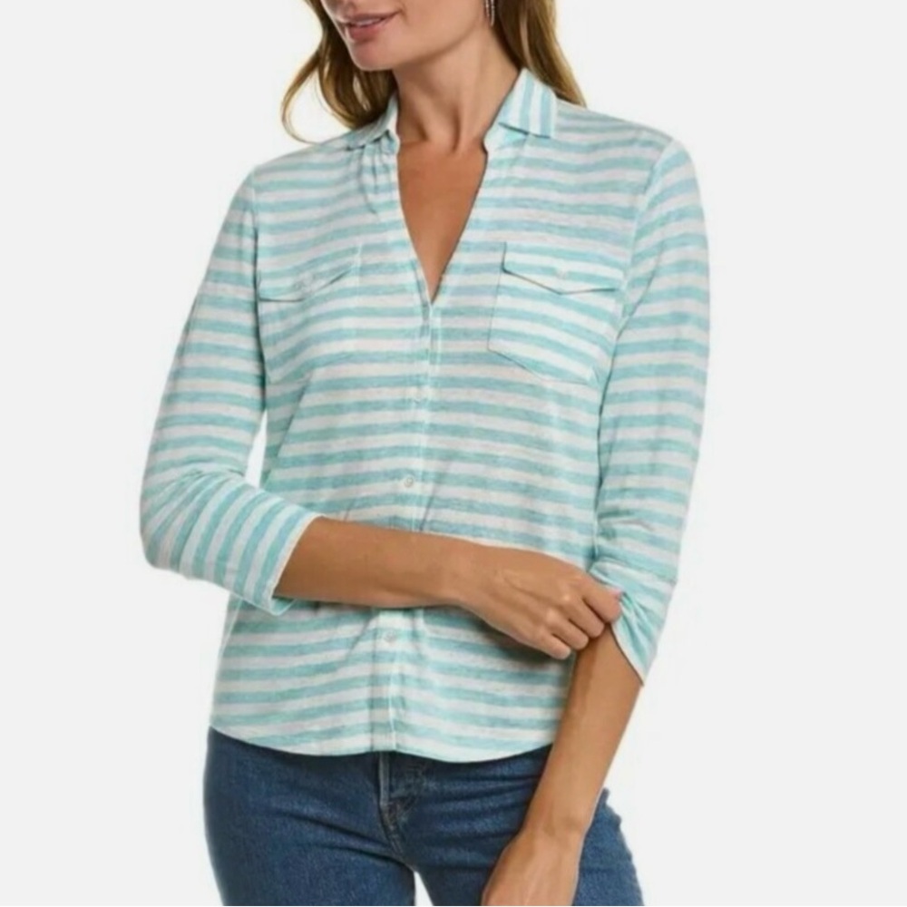 J. McLaughlin Brynn linen Aqua Striped Button Down Shirt for Women